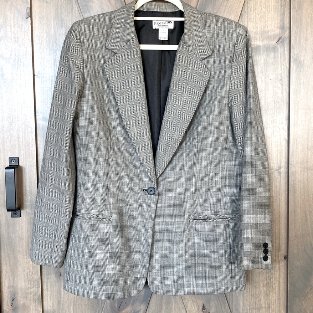 Pendleton Vintage Blazer Wool Plaid Black And White Size 14